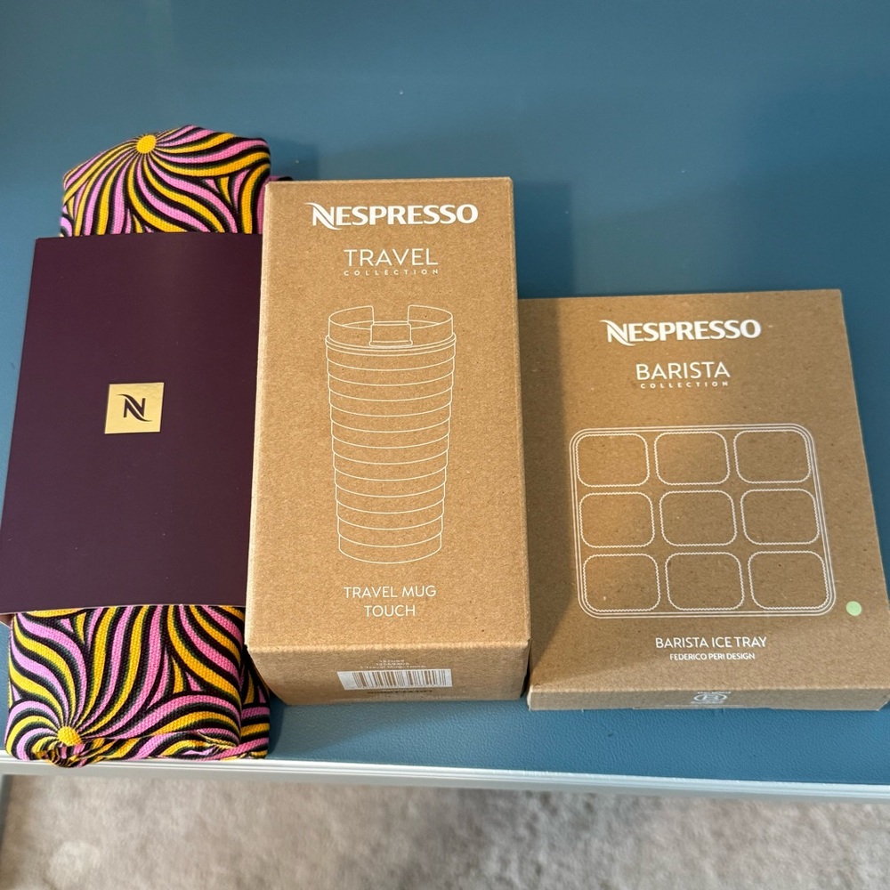 NWT. Nespresso Reversible Tote Bag, silver travel mug & Barista ice cube tray